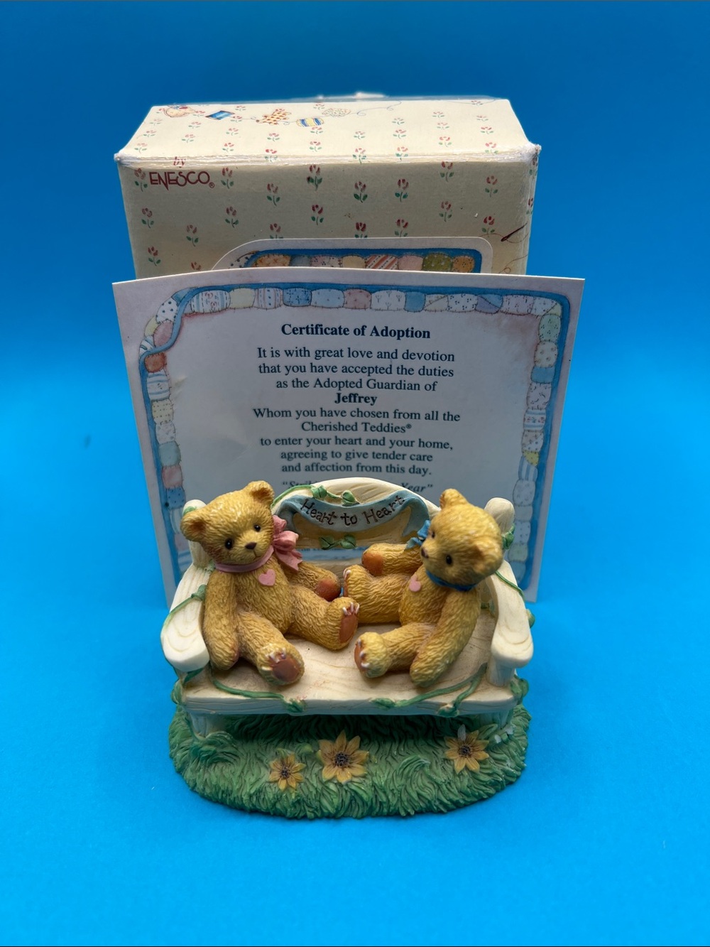 VINTAGE 1996 Cherished Teddies "Heart To Heart" Bench Figurine (box+certificate)